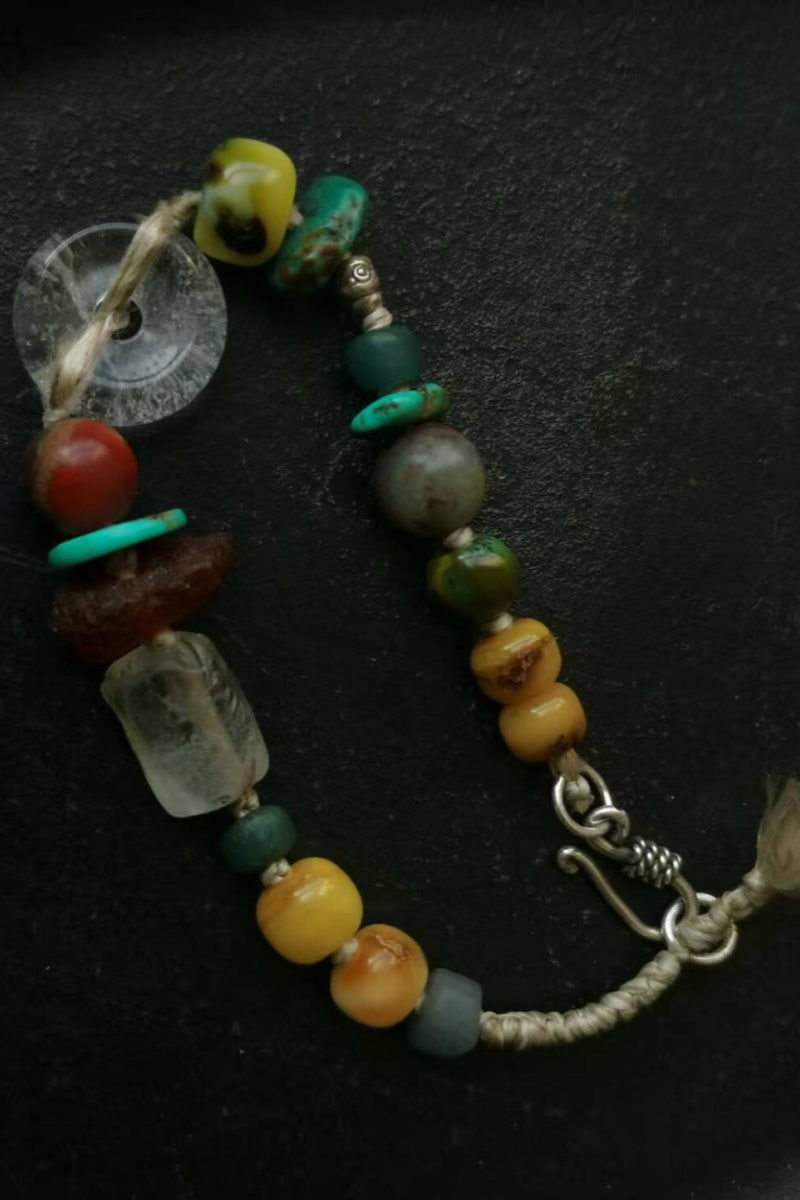 Arcobaleno Tibetano · Bracciale in Corda – Agate, Turchese e Ambra con Chiusura ad Uncinetto in Argento 925