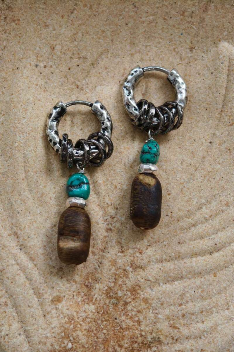 Orecchini Tibetani in Argento Placcato – Turchese Grezzo e Legno di Agarwood