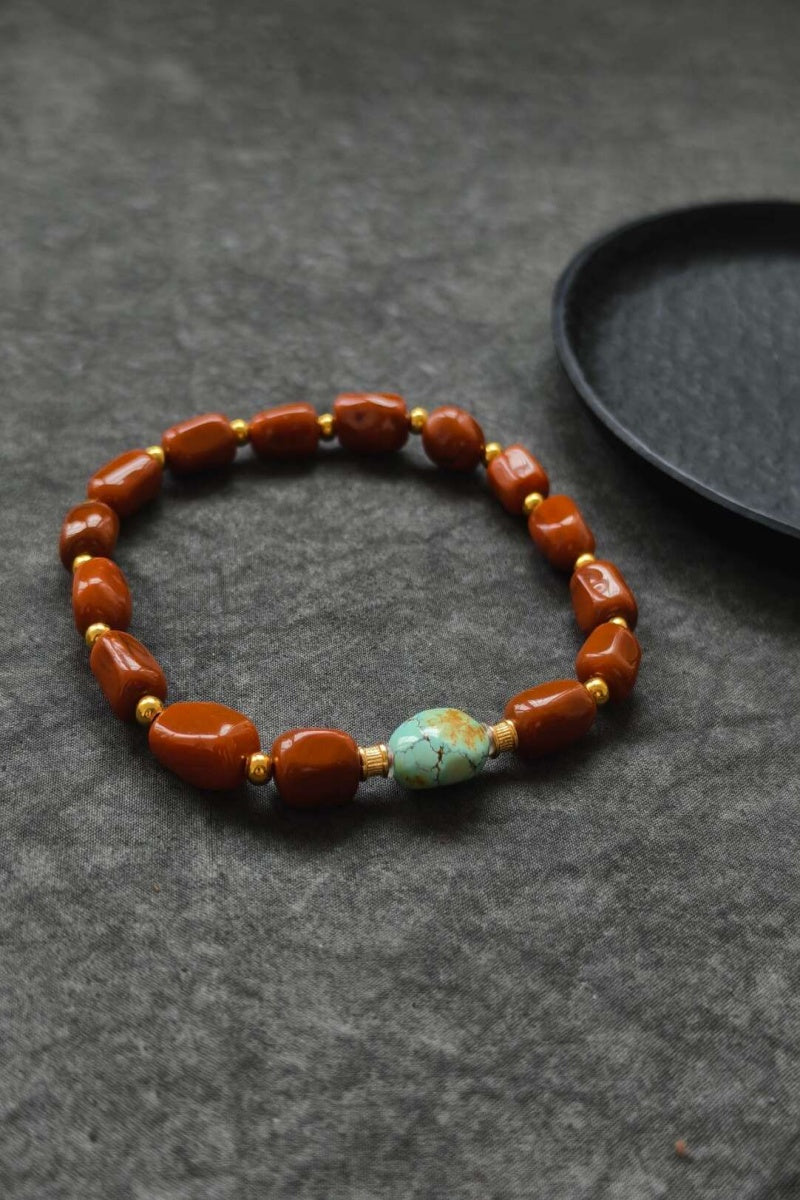 Bracciale tibetano in turchese naturale e agata rossa – circonferenza 17 cm | Ly·coure del Tibet