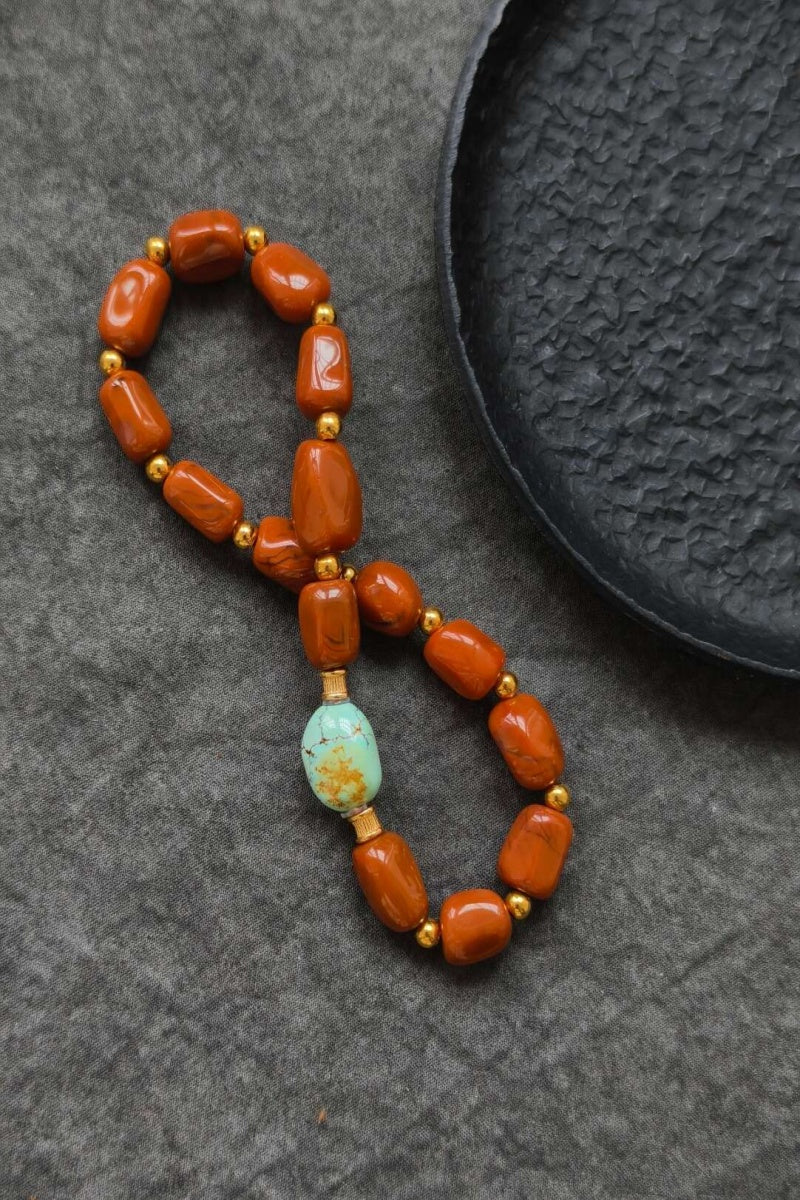 Bracciale tibetano in turchese naturale e agata rossa – circonferenza 17 cm | Ly·coure del Tibet