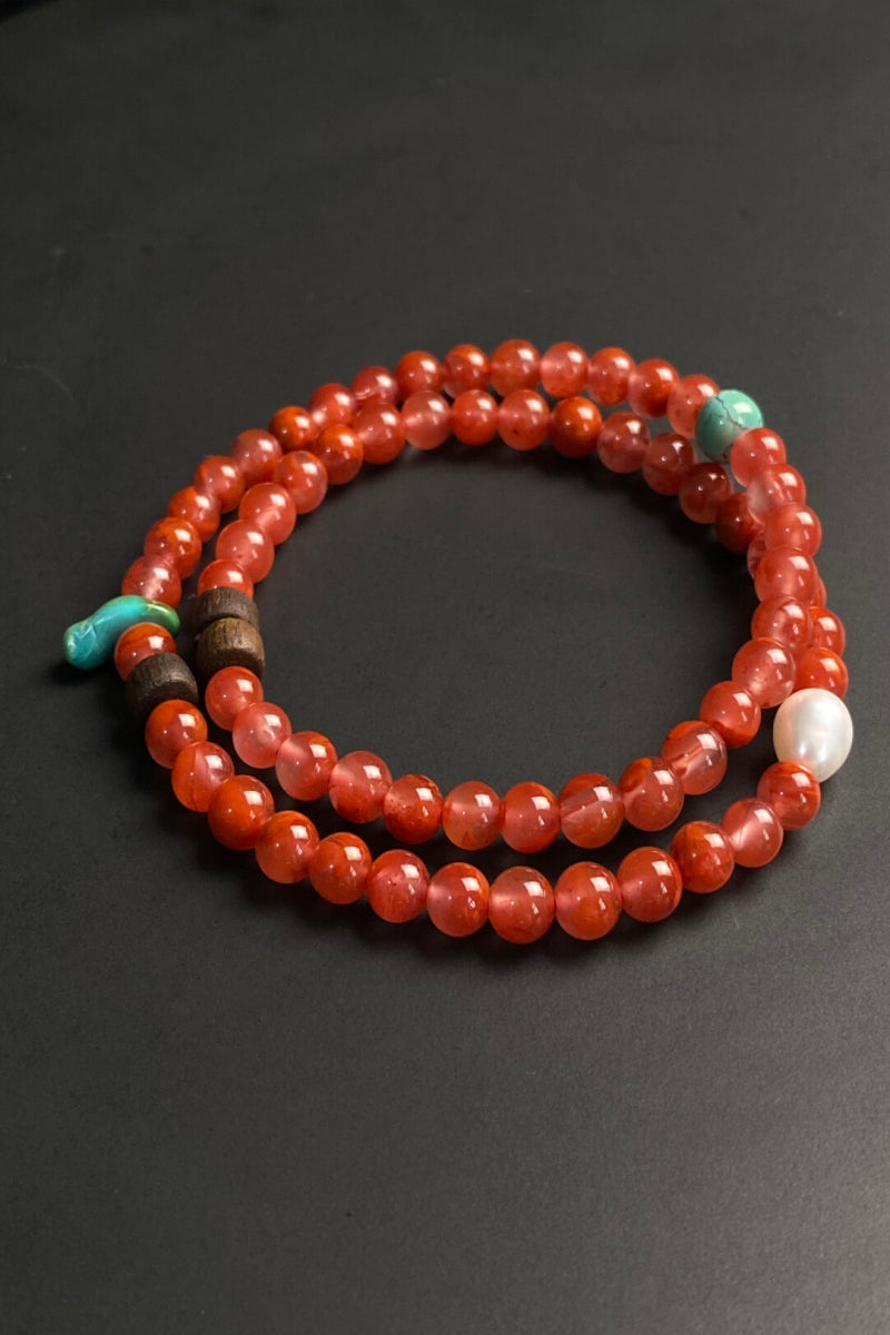 Bracciale doppio in agata rossa naturale con perle di turchese | Ly·coure del Tibet